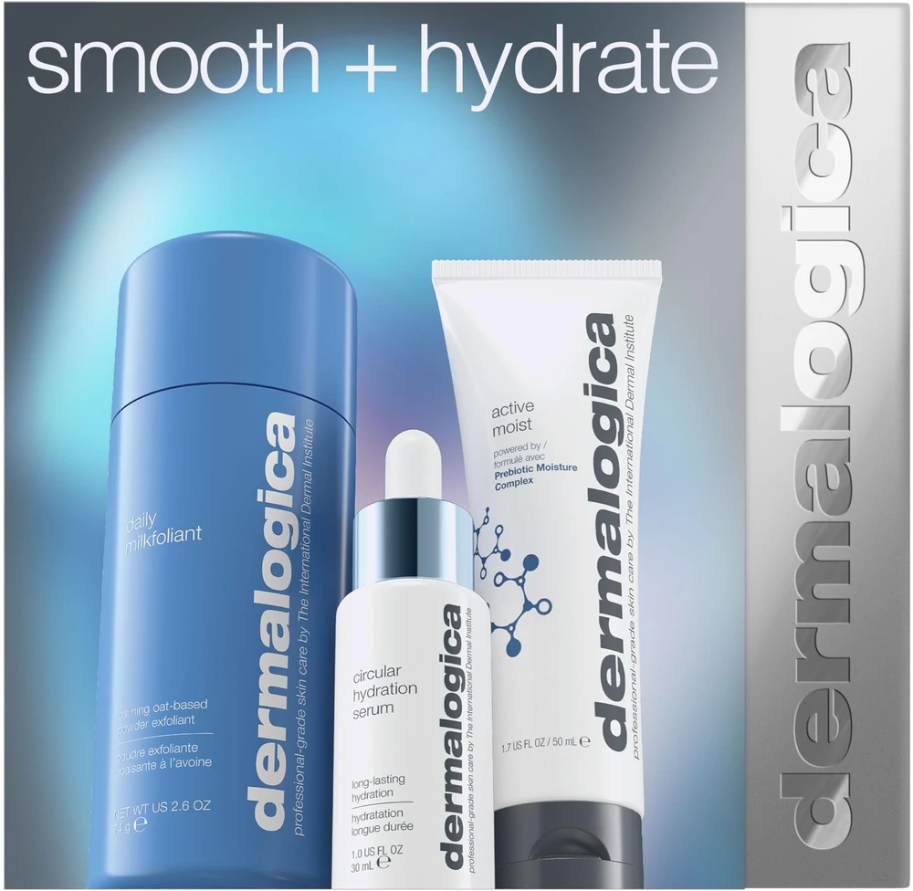 Smooth + Hydrate rinkinys Dermalogica: Daily Milkfoliant šveičiamieji milteliai, 74 g + Active Moist prebiotinis drėkinamasis kremas veidui, 50 ml + Circular Hydration hialurono rūgšties serumas veidui, 30 ml