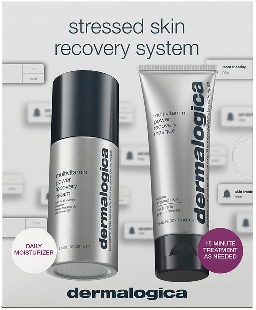 Streso paveiktos odos atkūrimo sistemos rinkinys „Dermalogica“: multivitaminų „Power Recovery“ kreminis veidui, 50 ml + multivitaminų „Power Recovery“ antistresinė kreminio kaukė veidui, 75 ml