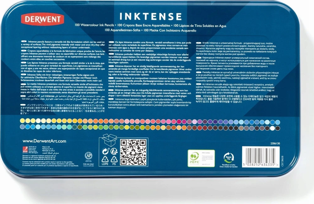 Derwent Derwent Inktense 100 rašalų dailininko pieštukai metaliniame dėkle