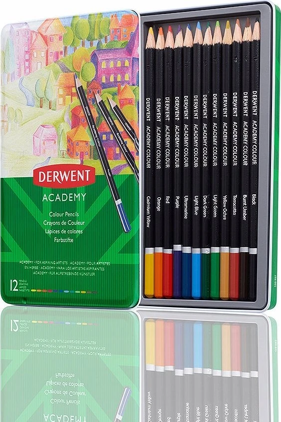 Spalvotų pieštukų rinkinys Derwent Academy, 12 spalvų, metalinėje dėžutėje