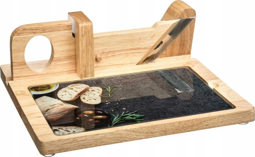 Secret De Gourmet Medinė lenta su pjaustykle, daugiafunkcis virtuvės aksesuaras su stikline lėkšte patiekalams patiekti