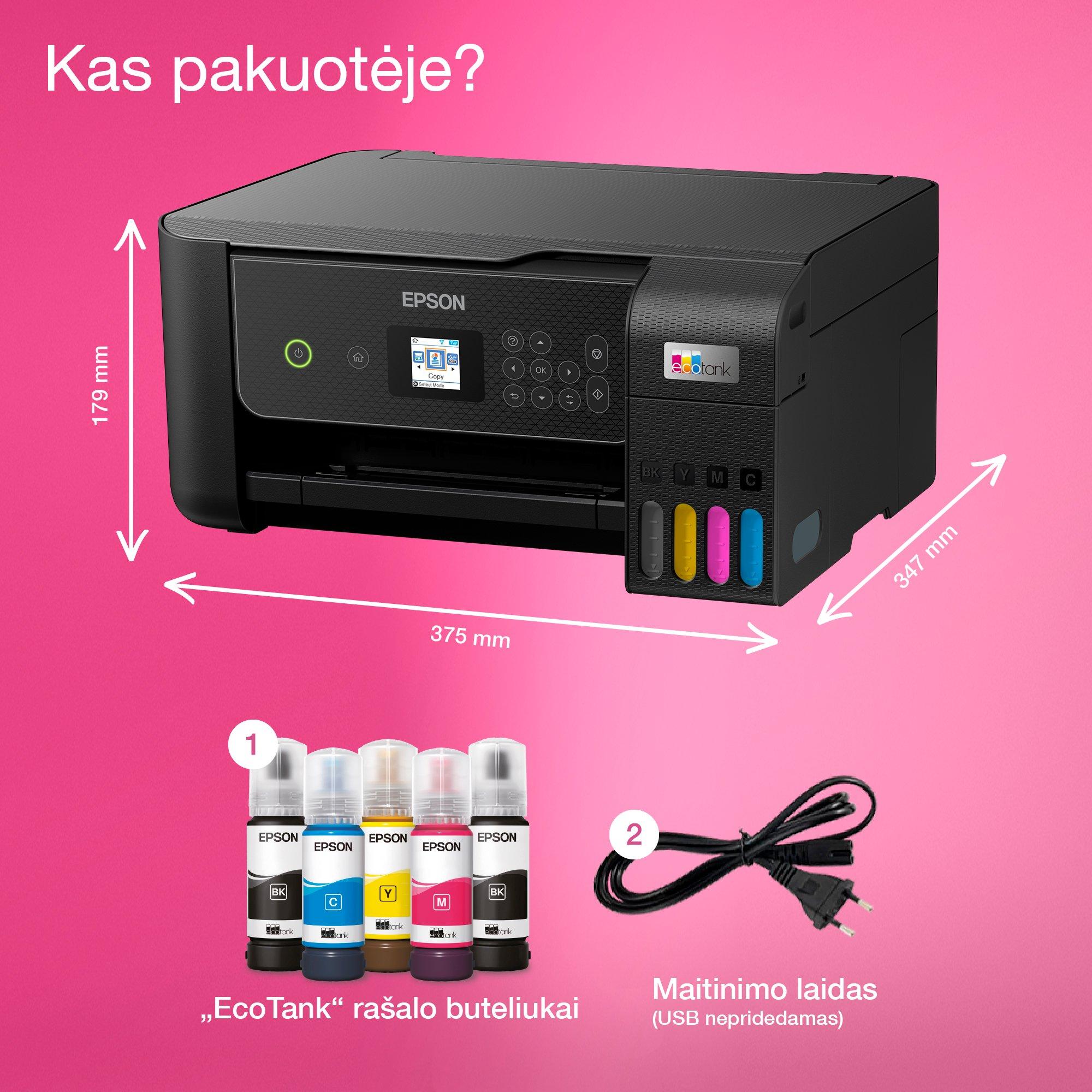 Daugiafunkcis rašalinis spausdintuvas Epson EcoTank L3280, A4, spalvotas, Wi-Fi, Wi-Fi Direct, AirPrint, LCD ekranas, juodas | C11CJ66426 aprašymas - Prekės nuotrauka
