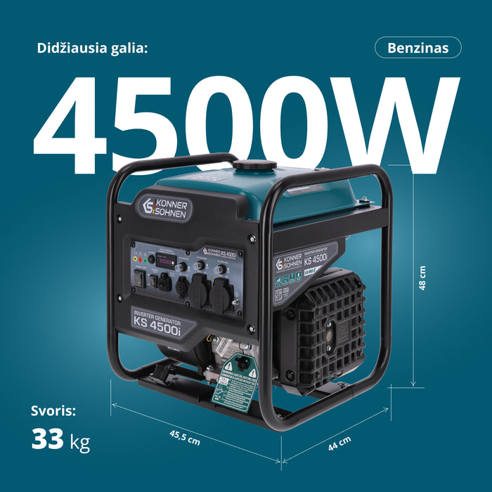 Inverterinis benzininis generatorius Könner & Söhnen KS 4500i, 4,2 kW, 230 V, 13 l aprašymas - Prekės nuotrauka