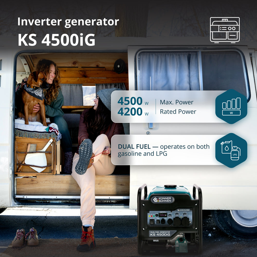 Inverterinis generatorius Könner & Söhnen KS 4500iG, 4,2 kW, 230 V, 13 l, dviejų kuro rūšių aprašymas - Prekės nuotrauka