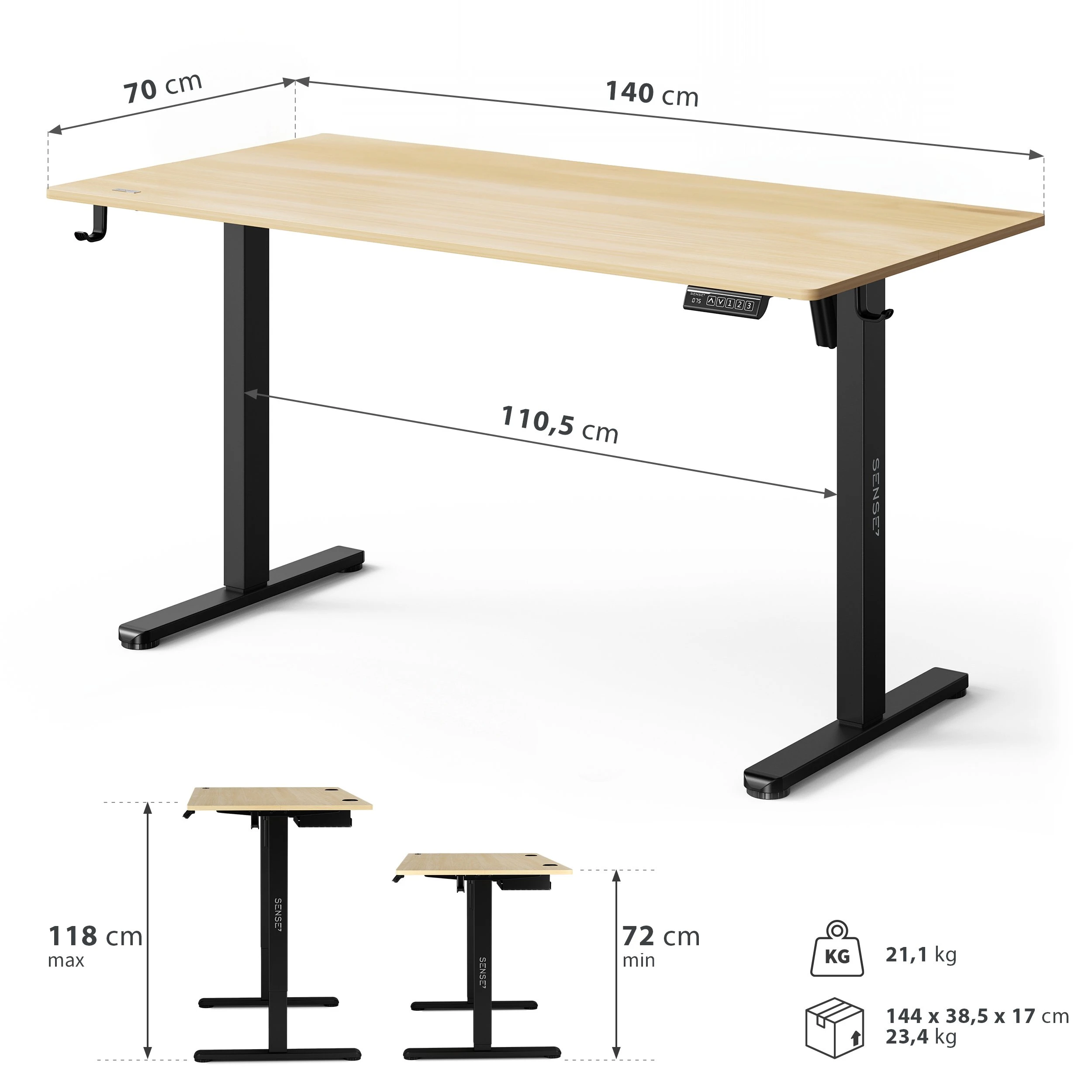 Rašomasis stalas SENSE7 NOJO LIGHT, šviesiai rudos ir juodos spalvos, 140×70 cm aprašymas - Prekės nuotrauka