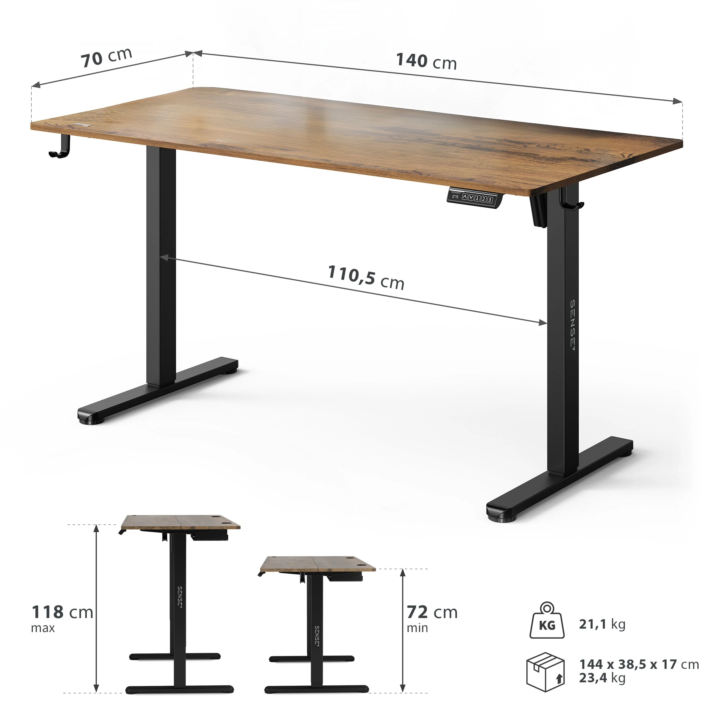 Rašomasis stalas SENSE7 NOJO LIGHT, tamsiai rudos ir juodos spalvos, 140×70 cm aprašymas - Prekės nuotrauka