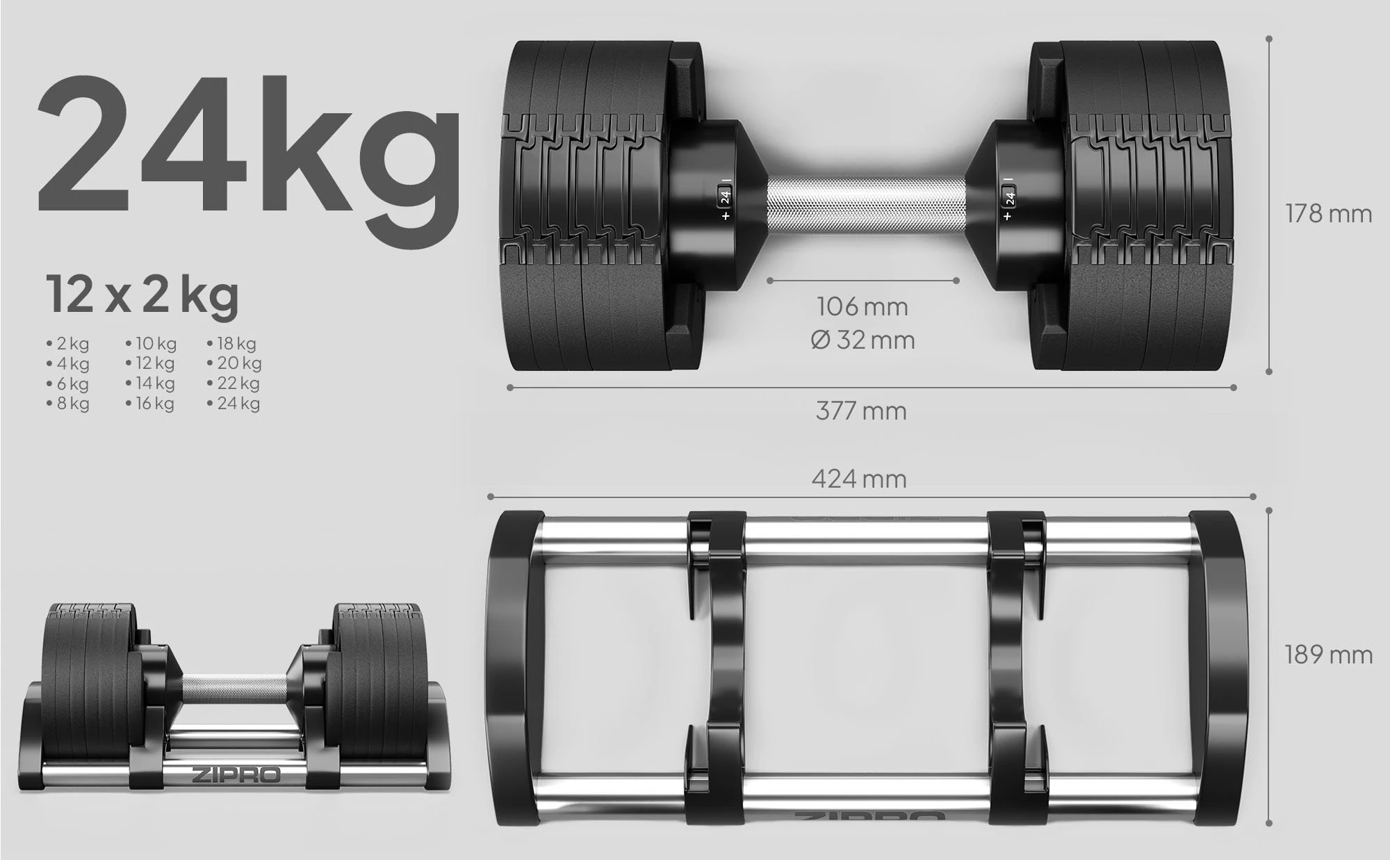 Zipro hantelis su reguliuojamu svoriu ROUND 24 kg aprašymas - Prekės nuotrauka