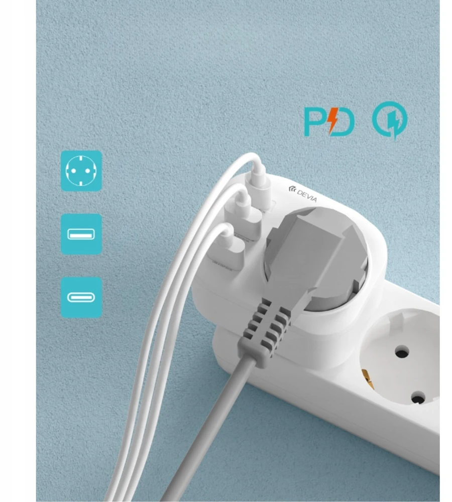 Devia maitinimo lizdo PD įkroviklis 20W 1x USB-C 2x USB 3A baltas