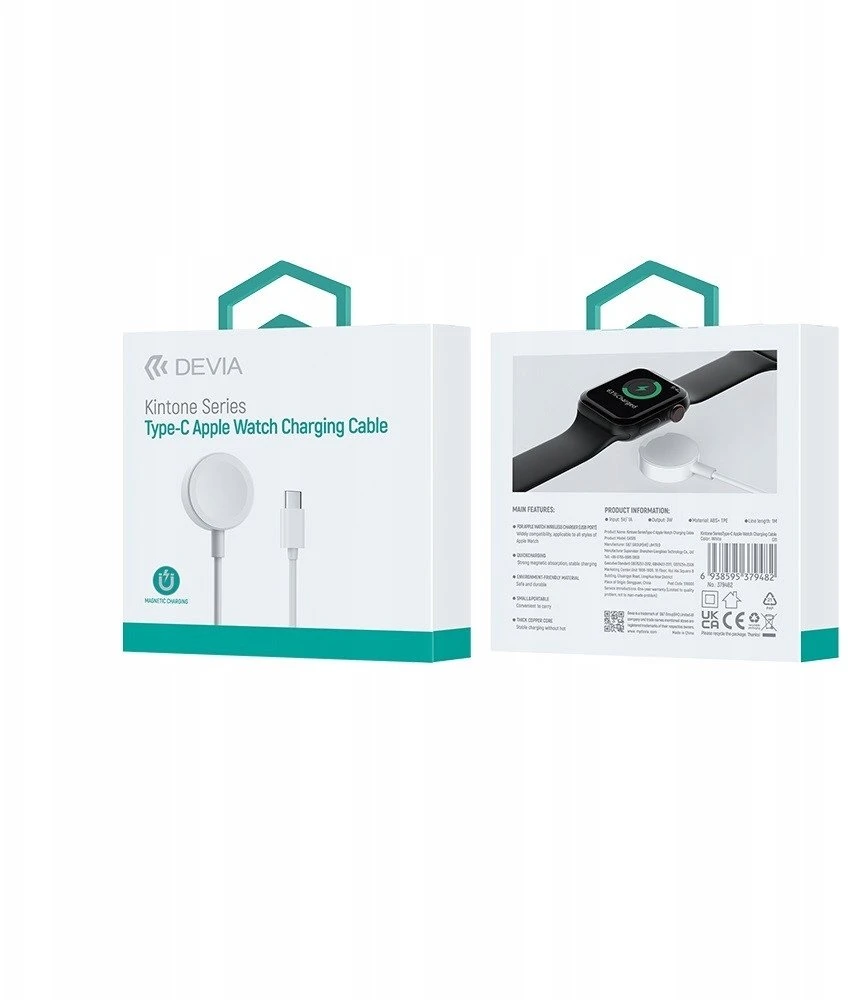 Devia belaidis įkroviklis Kintone USB-C 1,0 m baltos spalvos skirtas Apple Watch