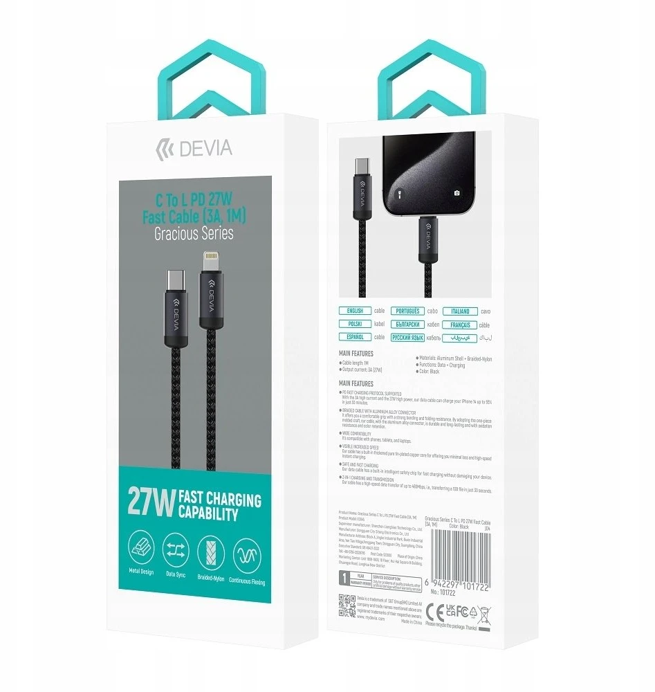 Devia laidas Gracious EC645 PD USB-C – Lightning 1,0 m 27W 3A juodas