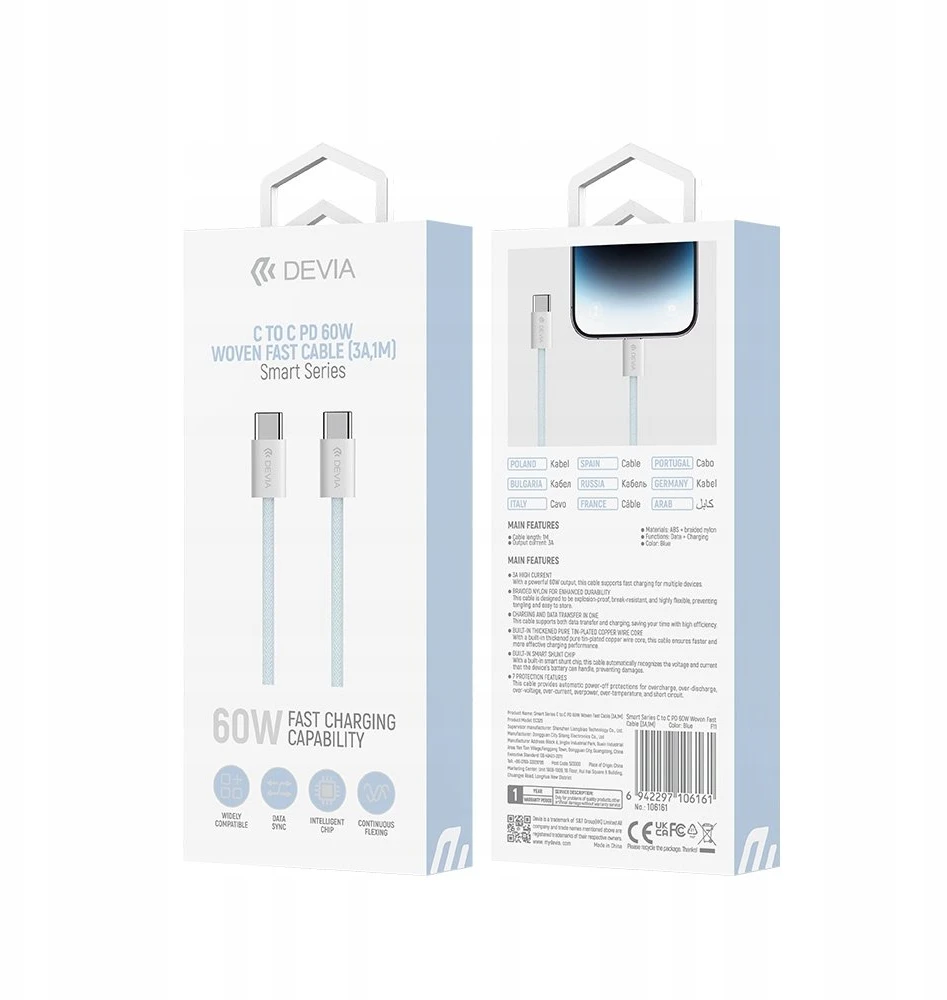 Devia kabelis Smart EC325 PD USB-C - USB-C 1,0 m 60W 3A mėlynos spalvos