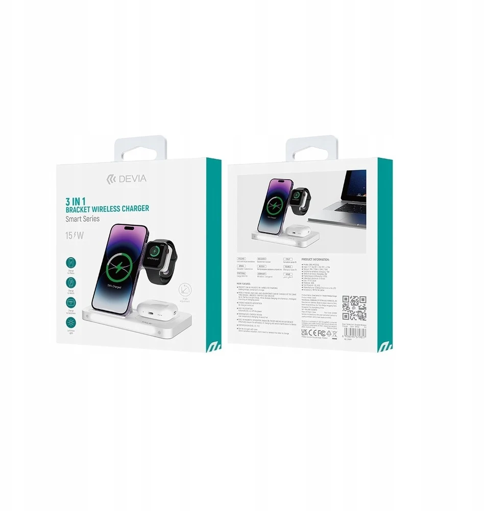 "Devia Smart 3in 1" belaidis įkroviklis 15W, baltas