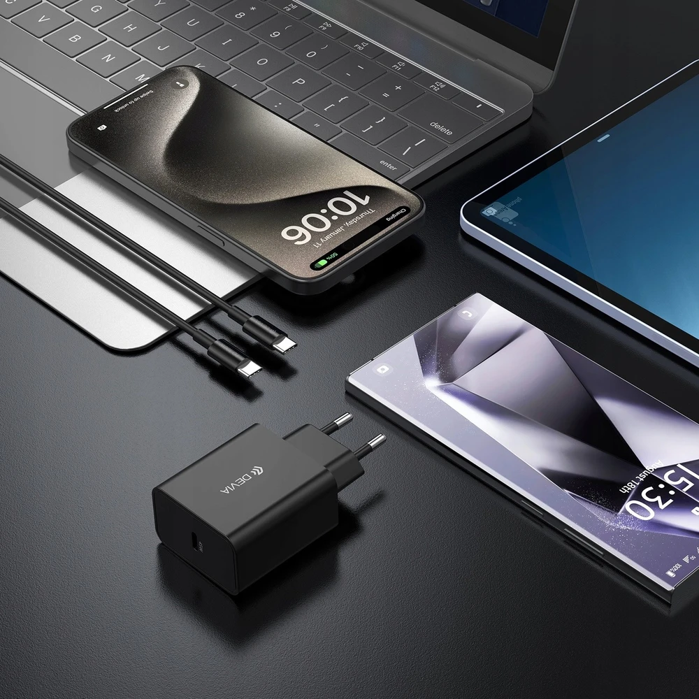 Devia sieninis įkroviklis Rocket PD 45W 1x USB-C baltas + laidas USB-C – USB-C
