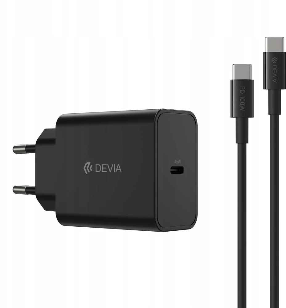 Devia sieninis įkroviklis Rocket PD 45W 1x USB-C baltas + laidas USB-C – USB-C