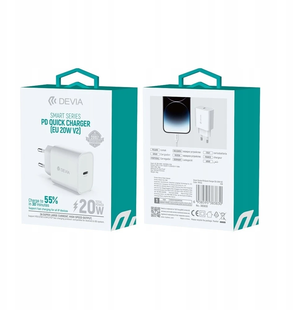 Devia laidinis įkroviklis Smart PD 1x USB-C 20W baltos spalvos