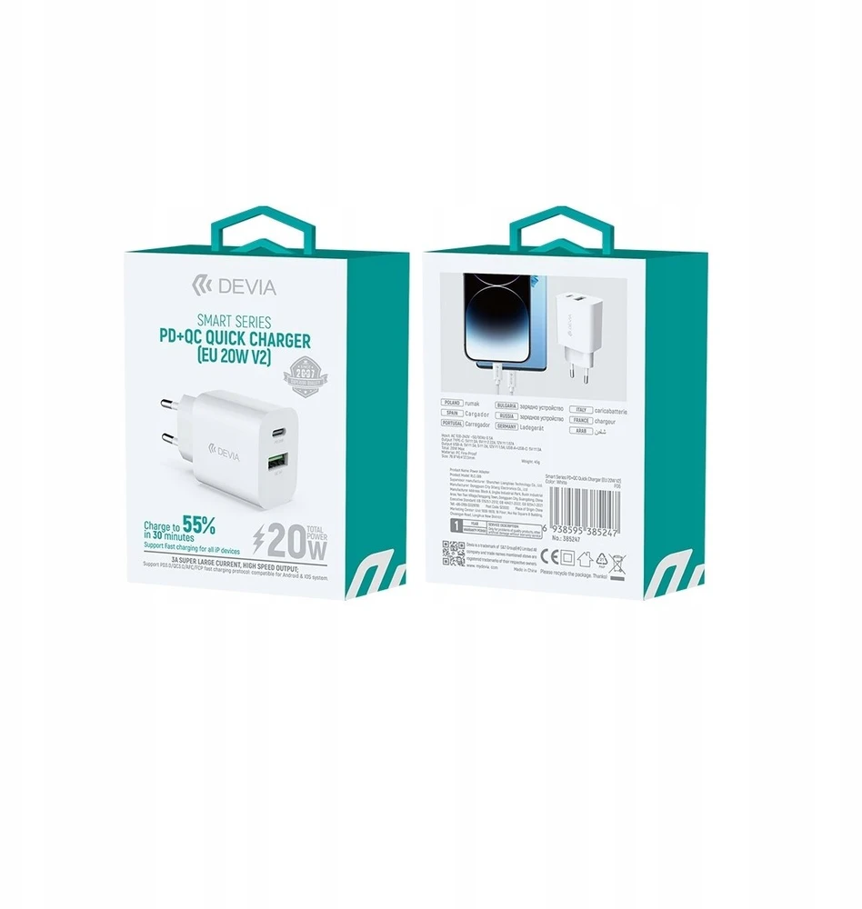 Devia sieninis įkroviklis Smart PD 1x USB-C 1x USB 20W baltas