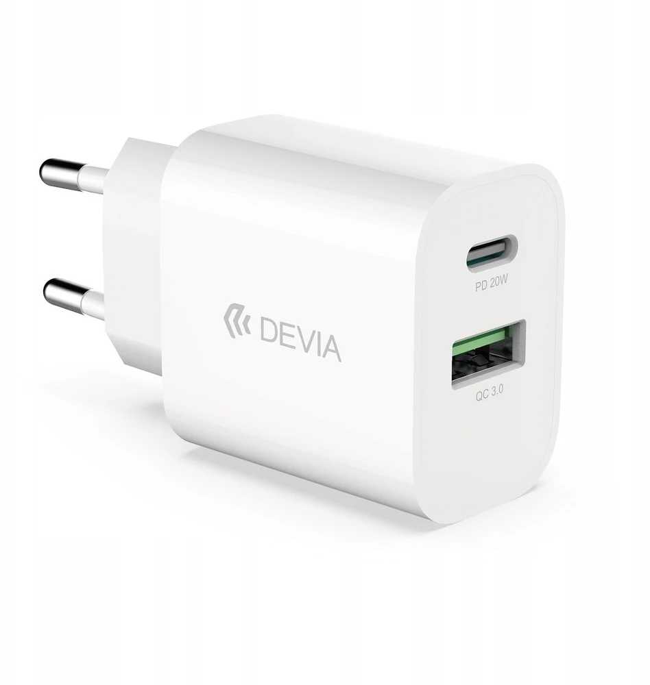 Devia sieninis įkroviklis Smart PD 1x USB-C 1x USB 20W baltas