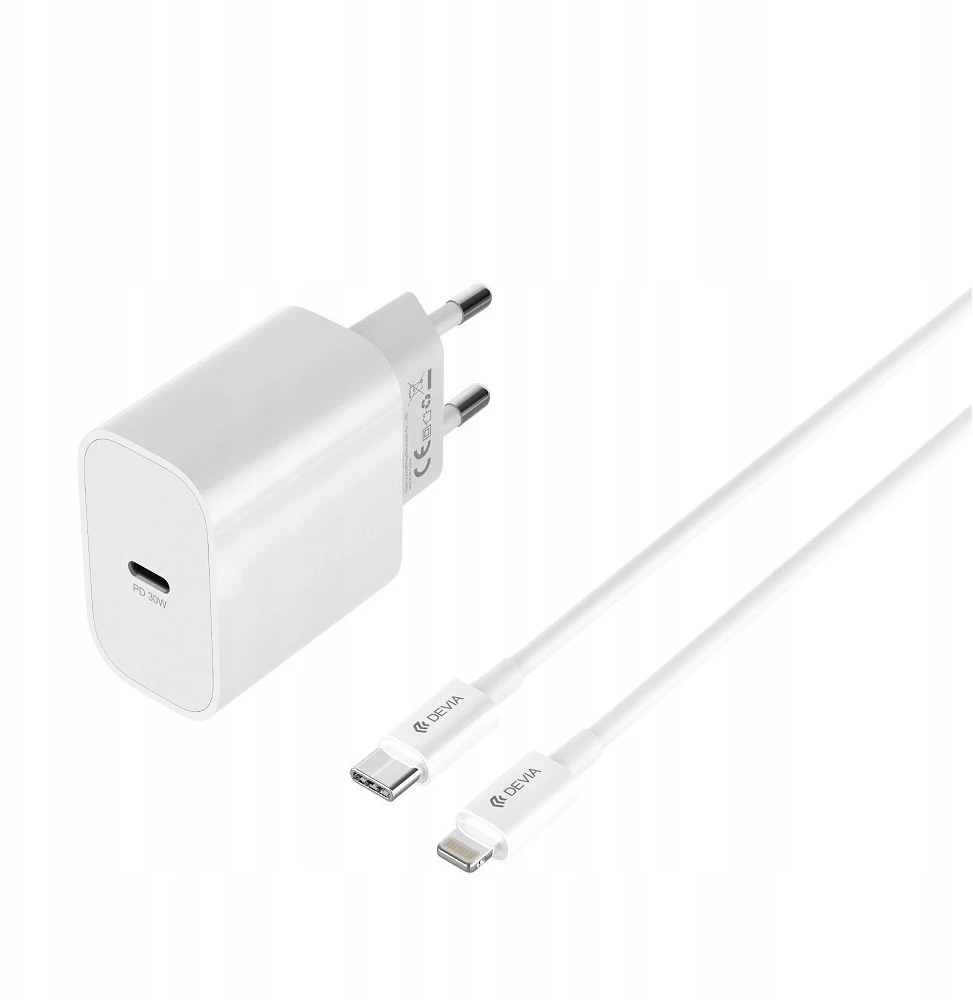 Devia sieninis įkroviklis Smart PD GaN 30W 1x USB-C baltas + laidas USB-C – Lightning