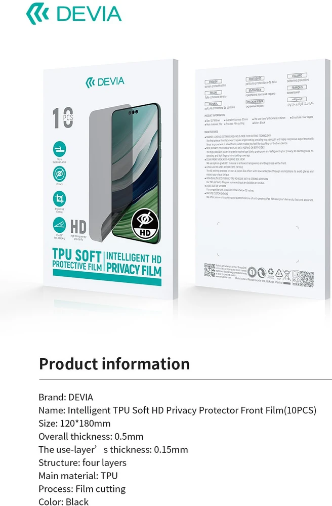 Devia apsauginė plėvelė anticrash privacy HD skirta pjaustymo staklėms, 10 vnt. išmaniųjų telefonų LCD ekranams