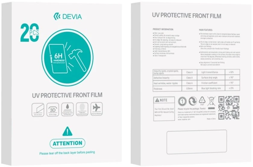 „Devia“ išmaniųjų telefonų plėvelių UV 0,19 mm, 20 vnt. 6H rinkinys, skirtas išmaniųjų telefonų LCD ekranų pjaustymo mašinai