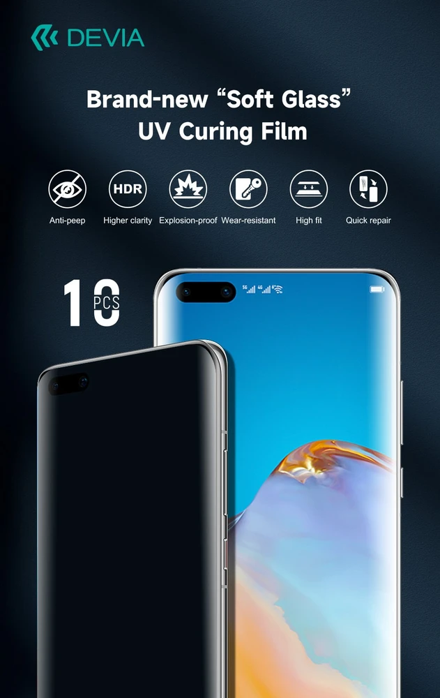 Devia išmaniųjų telefonų apsauginės plėvelės rinkinys UV 0,3mm HD privacy 10vnt. 6H, skirtas išmaniųjų telefonų LCD ekranų pjaustymo staklėms