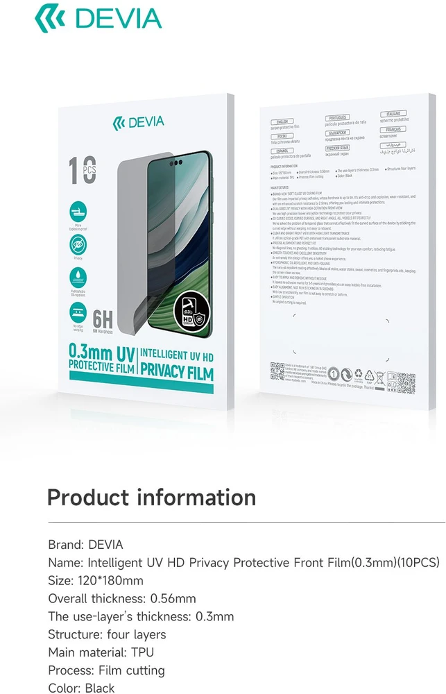 Devia išmaniųjų telefonų apsauginės plėvelės rinkinys UV 0,3mm HD privacy 10vnt. 6H, skirtas išmaniųjų telefonų LCD ekranų pjaustymo staklėms