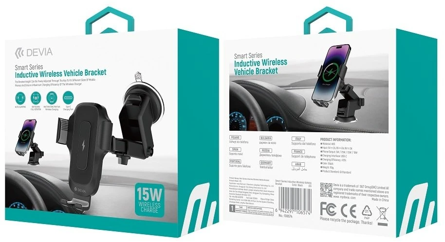 Automobilinis laikiklis Devia EA497 su belaidžiu indukciniu įkrovikliu, 15W, juodas, su siurbtuku