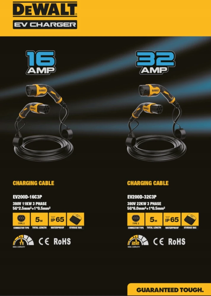 Dewalt 11 kW 2 tipo į 2 tipo EV įkrovimo kabelis, 5 m (ev200d-16c3p)