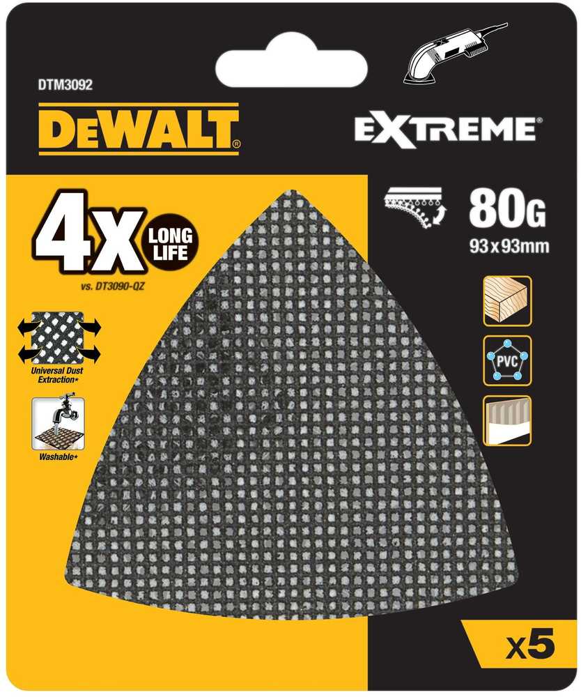 rinkinyje 5 vnt. Trikampiai šlifavimo tinklai DELTA medžiui, PVC, grūdėtumas 80, 93x93x93mm, DeWalt [DTM3092-QZ]