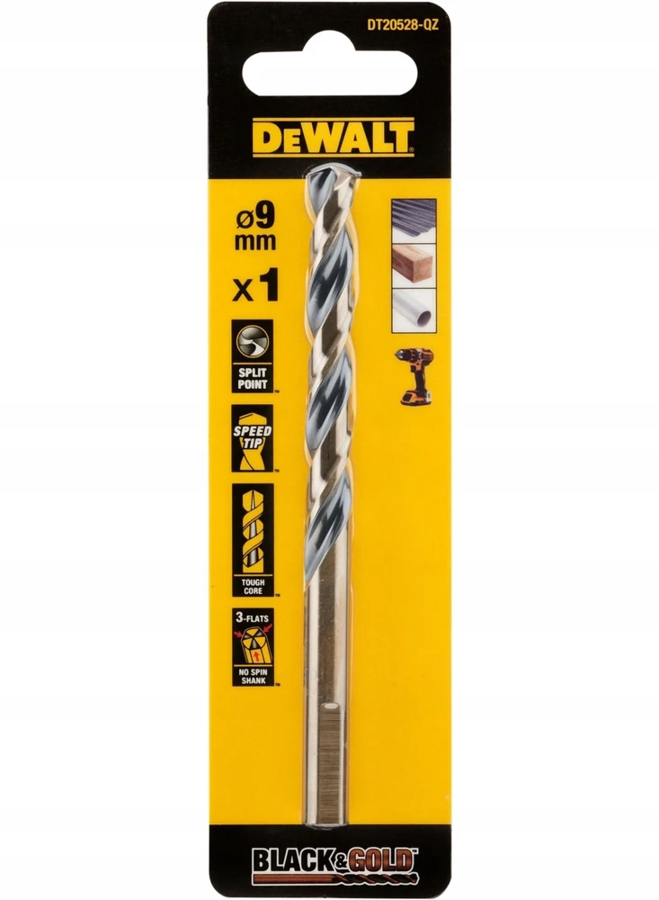 Dewalt „DeWalt“ metalo grąžtas, juodas ir auksinis, 9,0 mm