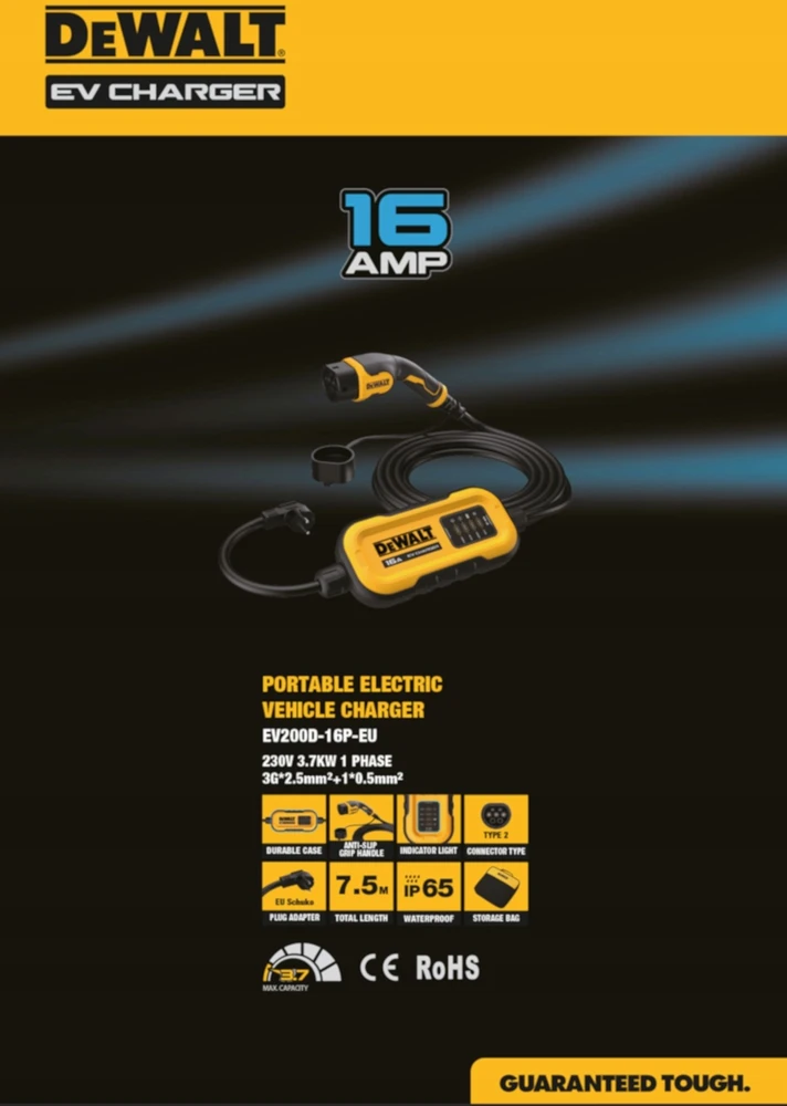 Dewalt kroviklis mobili 3,7 kw, 16a ev typ 2, 7,5 m