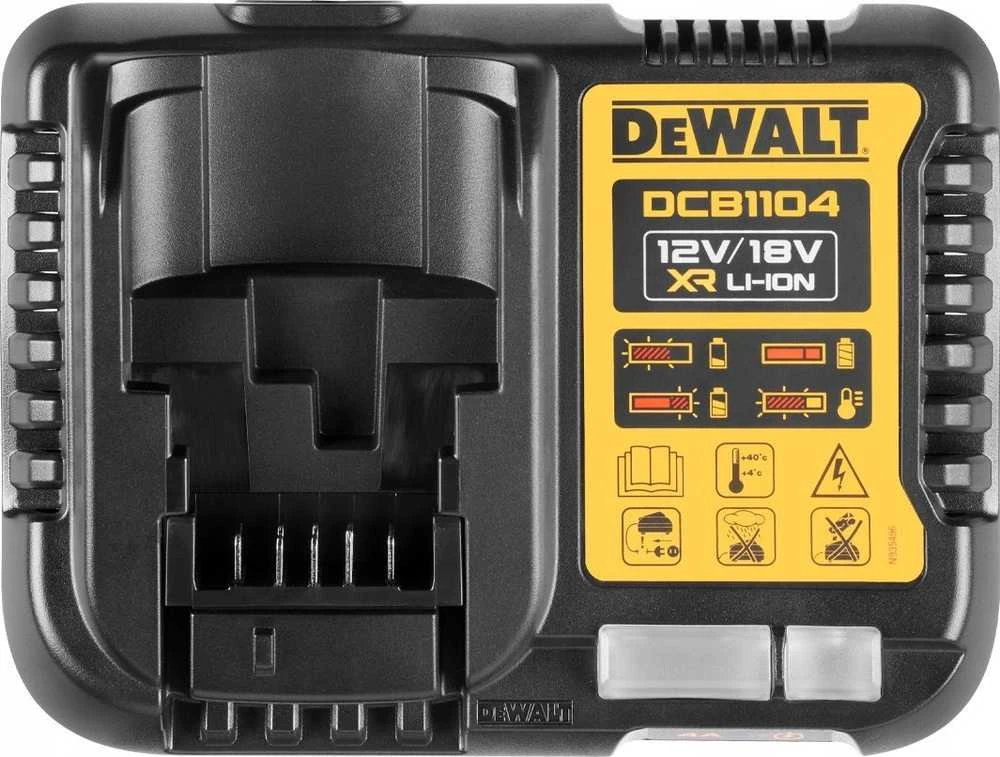 DeWALT DCB1104 įkroviklis su instrukcijų piktogramomis