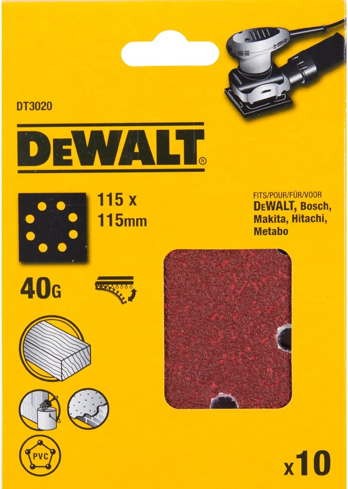 Šlifavimo popierius 115x115 mm su lipnia juosta, 8 skylės, grūdėtumas 40, DeWalt [DT3020-QZ] 10 vnt.