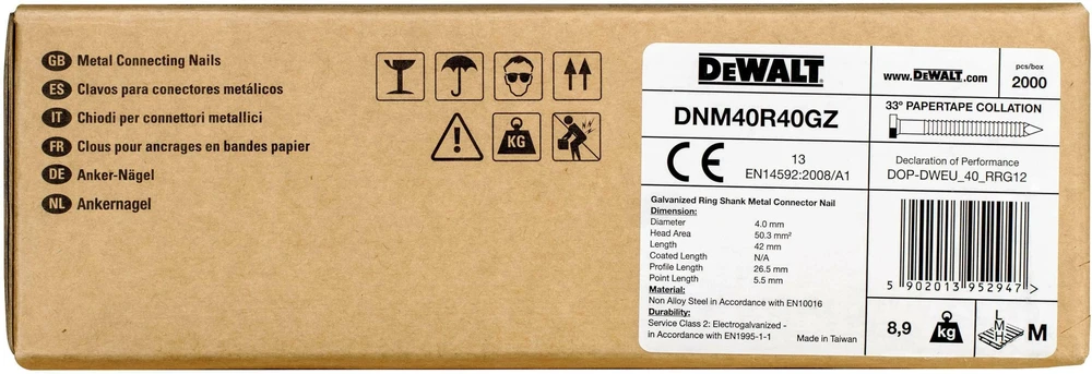 Gwoździe kotwowe, łączone papierem, pierścieniowe, galwanizowane, 33°, klasa 2, średnica 4,0 mm, ilgis 40 mm, DeWalt [DNM40R40GZ]