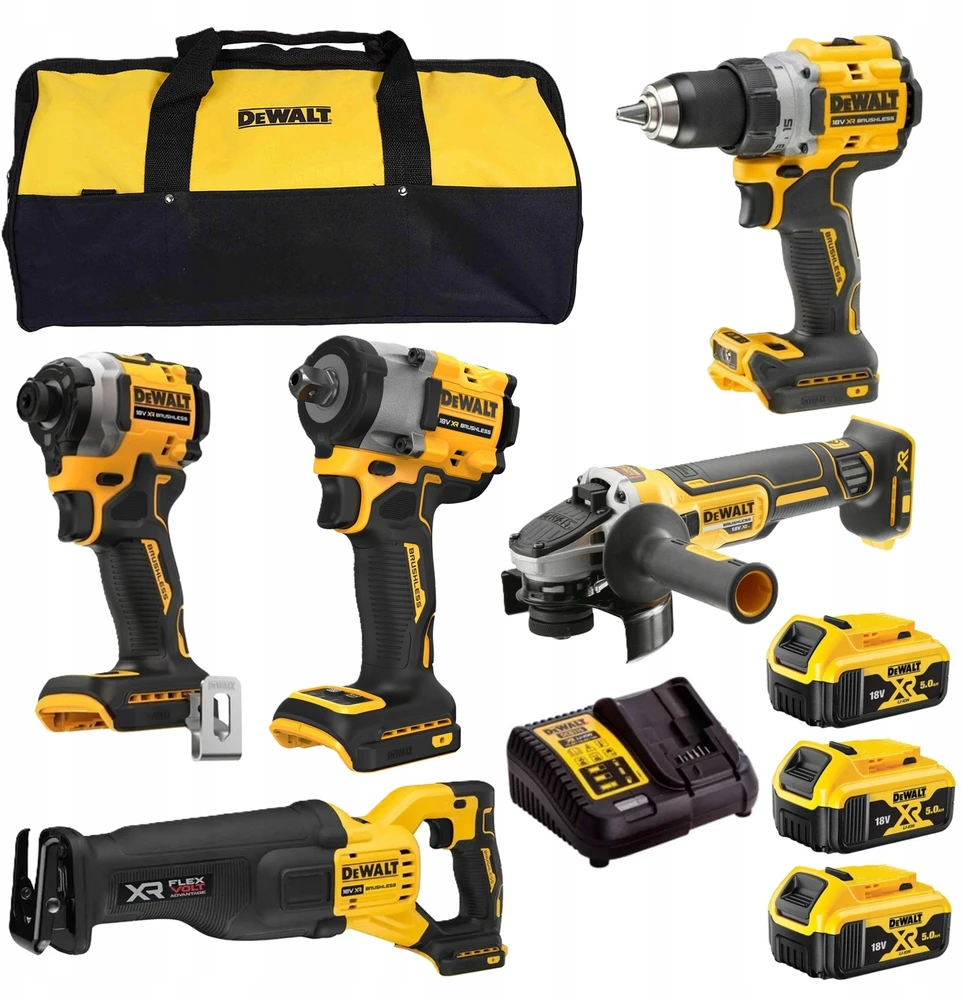 komplektas DCD800+DCF850+DCF922+DCS386+DCG405 18V 3x5.0Ah DEWALT [DCK509P3-QW]
