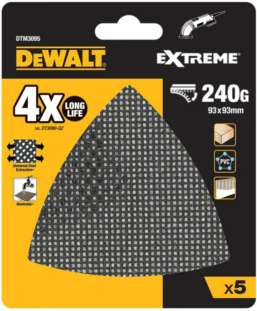 rinkinyje 5 vnt. DELTA trikampiai šlifavimo tinkleliai medienai, metalui, PVC, granuliuoti 240, 93x93x93mm, DeWalt [DTM3095-QZ]