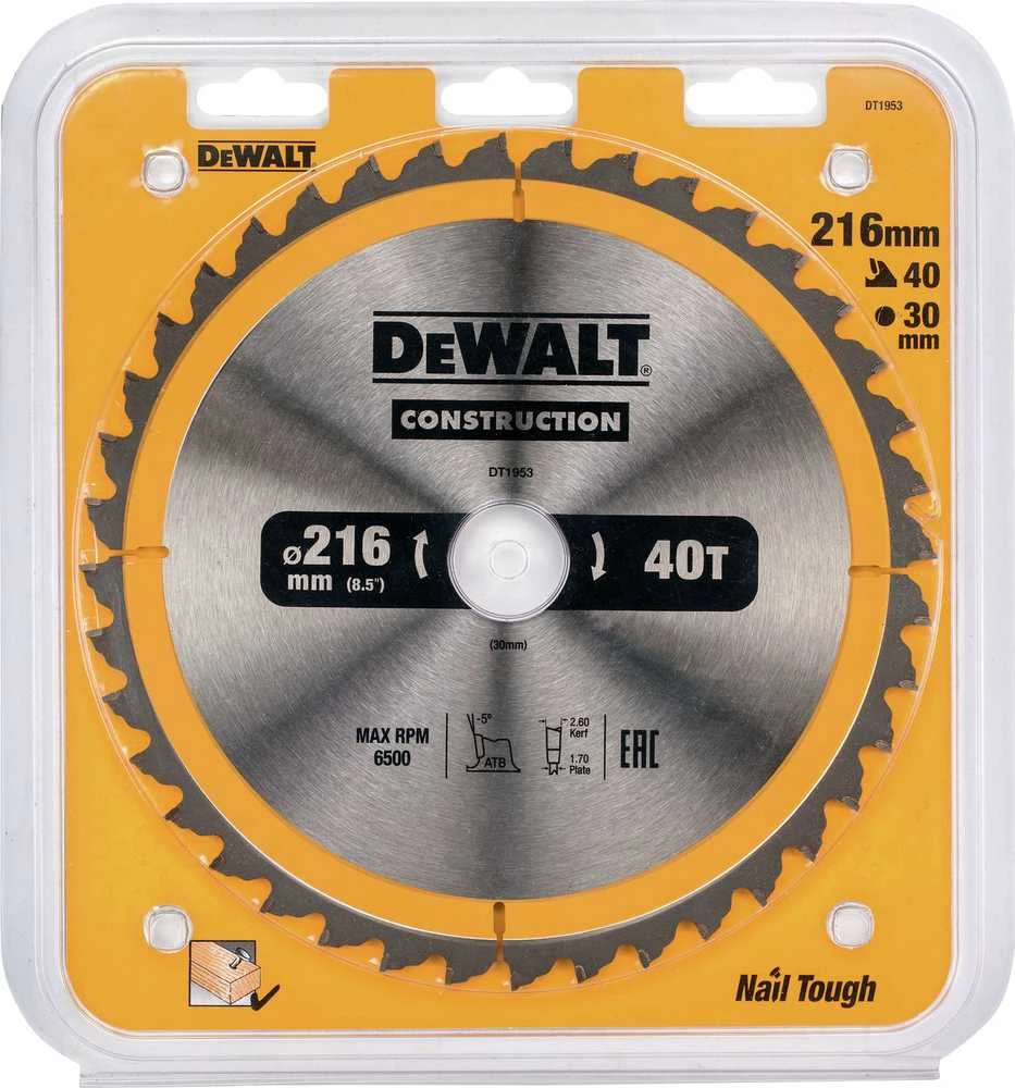 Pjovimo diskas medienai DeWalt; 216x2,6x30,0 mm; Z40; -5°