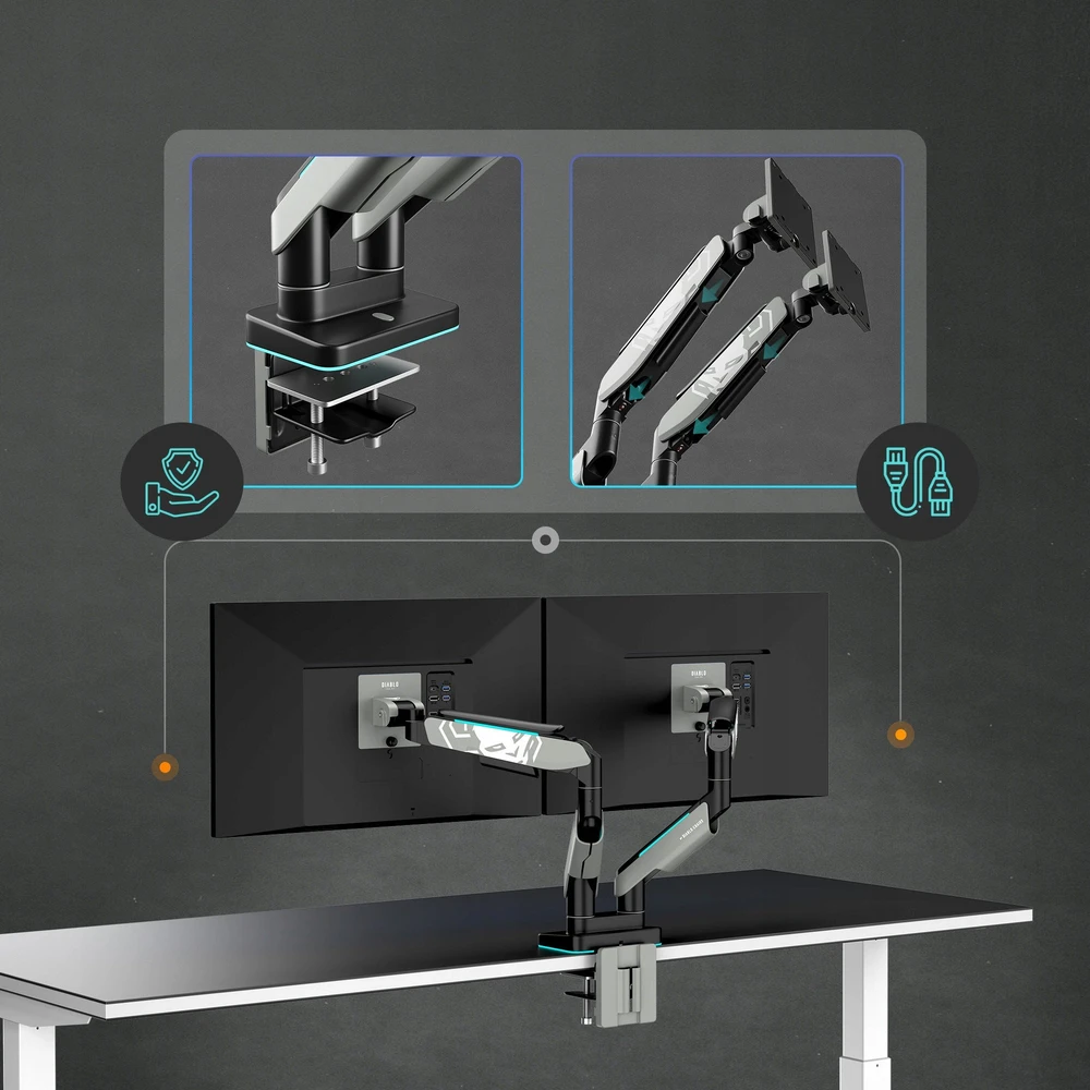 Diablo Chairs Diablo dvigubas monitoriaus laikiklis 49 colių ekranams | Pilka-juoda RGB X-Arm Dual