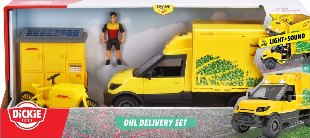 Dickie DHL komlektas geltona furgonas su figūrėlė siuntų spintelė kurjerio dviratis + priedas šviesos garsas