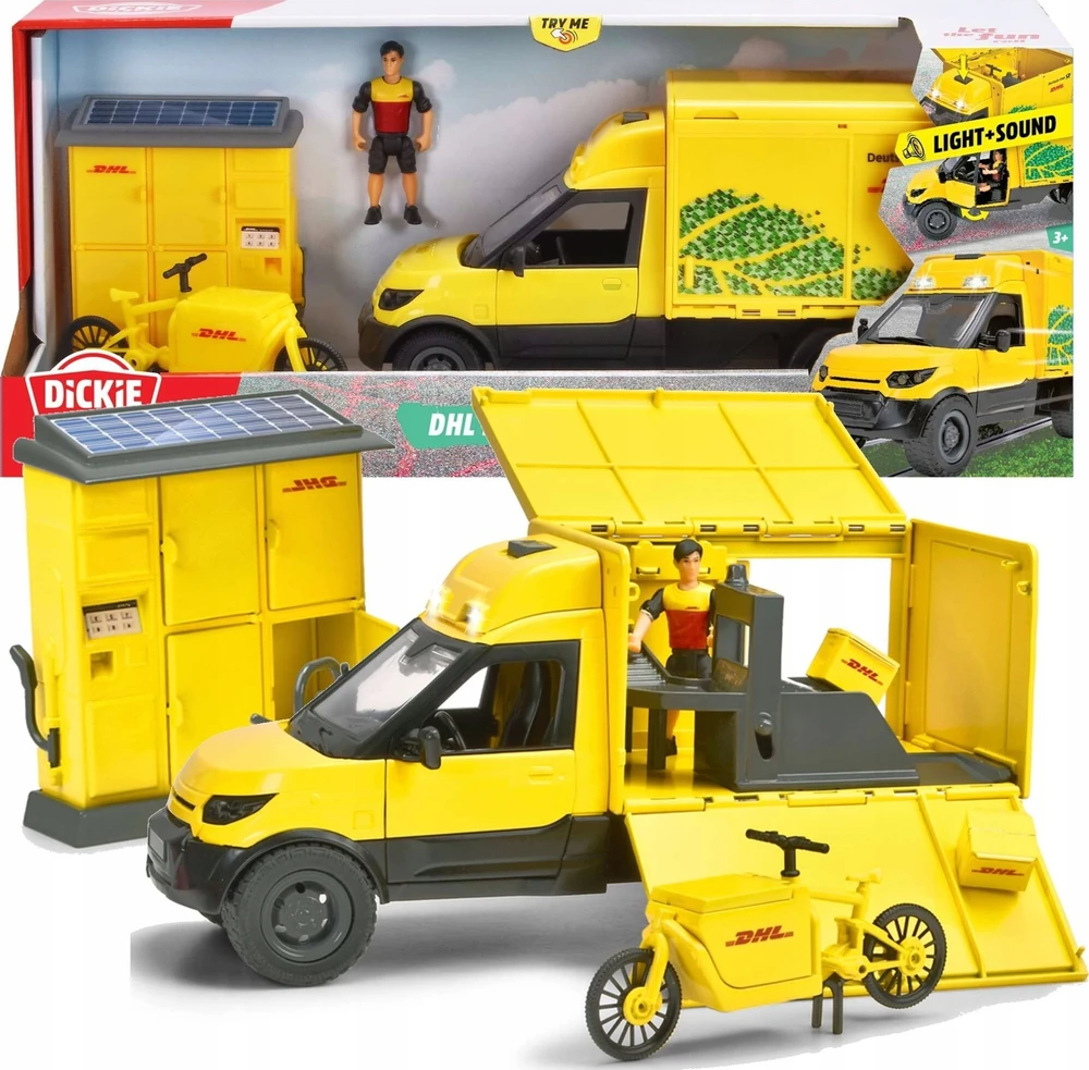Dickie DHL komlektas geltona furgonas su figūrėlė siuntų spintelė kurjerio dviratis + priedas šviesos garsas