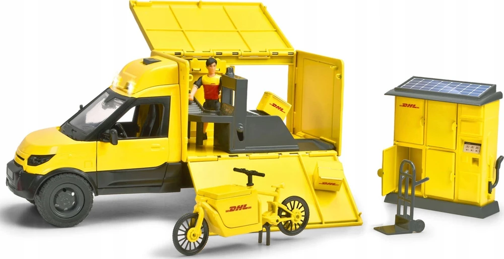 Dickie DHL komlektas geltona furgonas su figūrėlė siuntų spintelė kurjerio dviratis + priedas šviesos garsas