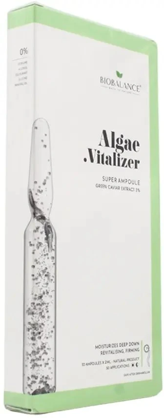 Bio Balance Algae Vitalizer drėkinamasis, odos stangrumą grąžinantis ir gaivinantis dienos ir nakties ampulių serumas nuo dehidratacijos, stangrumo praradimo ir elastingumo praradimo veidui ir kaklui moterims, 10 vnt., 2 ml
