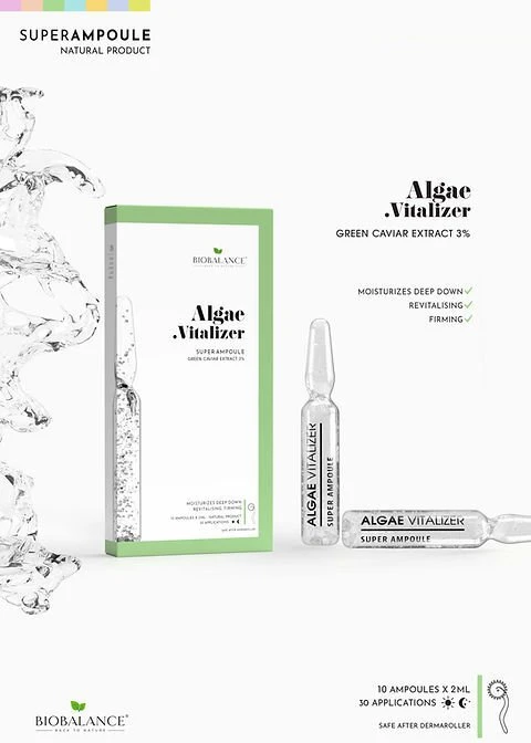 Bio Balance Algae Vitalizer drėkinamasis, odos stangrumą grąžinantis ir gaivinantis dienos ir nakties ampulių serumas nuo dehidratacijos, stangrumo praradimo ir elastingumo praradimo veidui ir kaklui moterims, 10 vnt., 2 ml