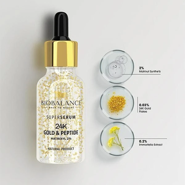 Bio Balance Gold & Peptide 24K įtemptinantis ir nuo raukšlių dieninis ir naktinis serumas akių ir lūpų kontūrui, 30 ml