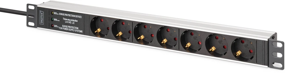 Digitus DIGIT 1U aliuminio maitinimo blokas, montuojamas į stelažą, 7 apsauginiai lizdai 16A, 230 V kintamoji srovė, 50/60 Hz, apsauga nuo viršįtampių, linijos filtras