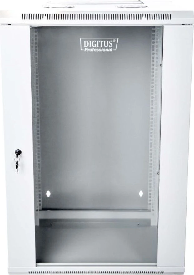 Digitus 19" 18U prie sienos montuojama tinklo spintelė 600x600, stiklinės durys, pilka, sekcijinė, surinkta, 60kg