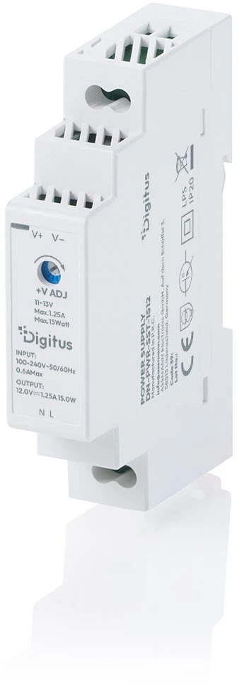 Digitus DIGITUS 12 V / 1,25 A / 15 W laiptų formos DIN bėgio maitinimo šaltinis itin plonas II klasė