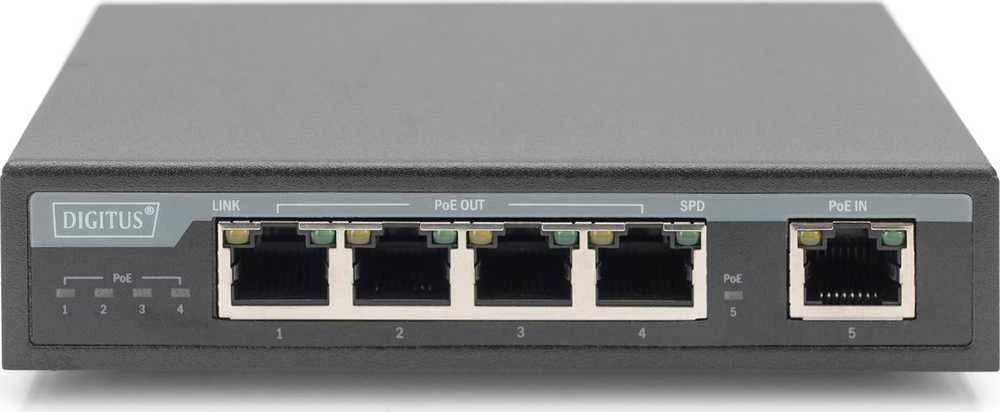 Šakotuvas „Digitus Digitus“ 4 prievadų Gigabit 4PPoE plėstuvas, 802.3at, 60 W