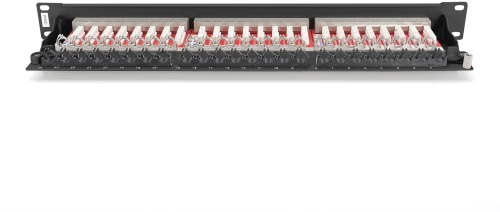Digitus CAT 6A | Patch Panel | RJ45, 8P8C | Tinka montuoti 483 mm (19 colių) spintelėje; Perdavimo savybės: 6A kategorija, EA klasė; Taikymo sritis: iki 500 MHz, 10 GBase-T; Dydis: 482,6 x 44 x 109 mm | RJ45 ekranas (alavuota bronza)