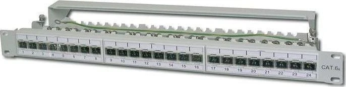 Digitus CAT 6A | Patch Panel | RJ45, 8P8C | Tinka montuoti 483 mm (19 colių) spintelėje; Perdavimo savybės: 6A kategorija, EA klasė; Taikymo sritis: iki 500 MHz, 10 GBase-T; Dydis: 482,6 x 44 x 109 mm | RJ45 ekranas (alavuota bronza)